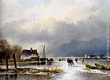 A Winter Landscape With Skaters On A Frozen Waterway by Andreas Schelfhout